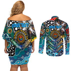 Personalised Sharks NRL Celebrating 50 Years of Naidoc Couples Matching Off Shoulder Short Dress and Long Sleeve Button Shirt NAIDOC Week 2025 Aboriginal
