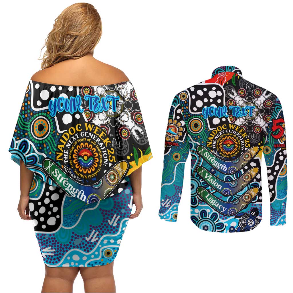 Personalised Sharks NRL Celebrating 50 Years of Naidoc Couples Matching Off Shoulder Short Dress and Long Sleeve Button Shirt NAIDOC Week 2025 Aboriginal