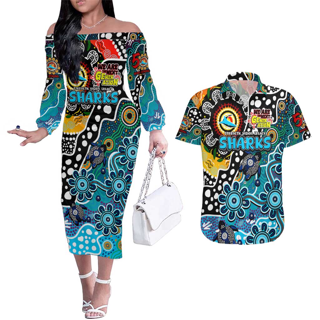 Personalised Sharks NRL Celebrating 50 Years of Naidoc Couples Matching Off The Shoulder Long Sleeve Dress and Hawaiian Shirt NAIDOC Week 2025 Aboriginal