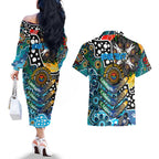 Personalised Sharks NRL Celebrating 50 Years of Naidoc Couples Matching Off The Shoulder Long Sleeve Dress and Hawaiian Shirt NAIDOC Week 2025 Aboriginal