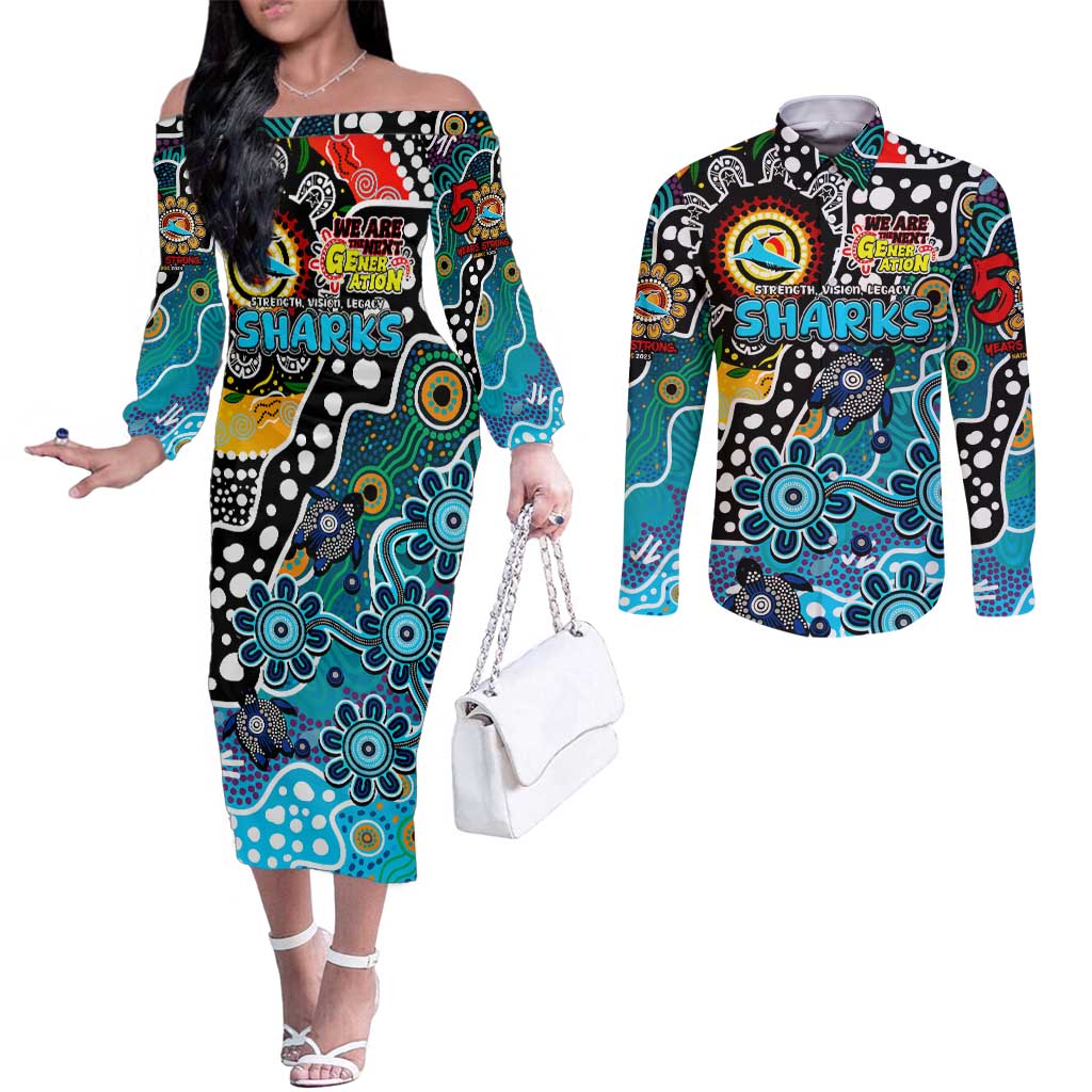 Personalised Sharks NRL Celebrating 50 Years of Naidoc Couples Matching Off The Shoulder Long Sleeve Dress and Long Sleeve Button Shirt NAIDOC Week 2025 Aboriginal