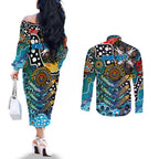 Personalised Sharks NRL Celebrating 50 Years of Naidoc Couples Matching Off The Shoulder Long Sleeve Dress and Long Sleeve Button Shirt NAIDOC Week 2025 Aboriginal