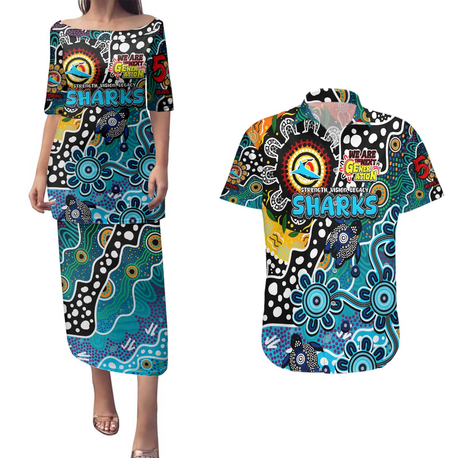 Personalised Sharks NRL Celebrating 50 Years of Naidoc Couples Matching Puletasi and Hawaiian Shirt NAIDOC Week 2025 Aboriginal