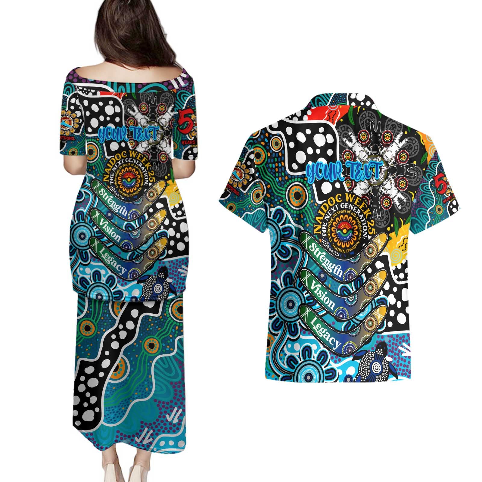 Personalised Sharks NRL Celebrating 50 Years of Naidoc Couples Matching Puletasi and Hawaiian Shirt NAIDOC Week 2025 Aboriginal