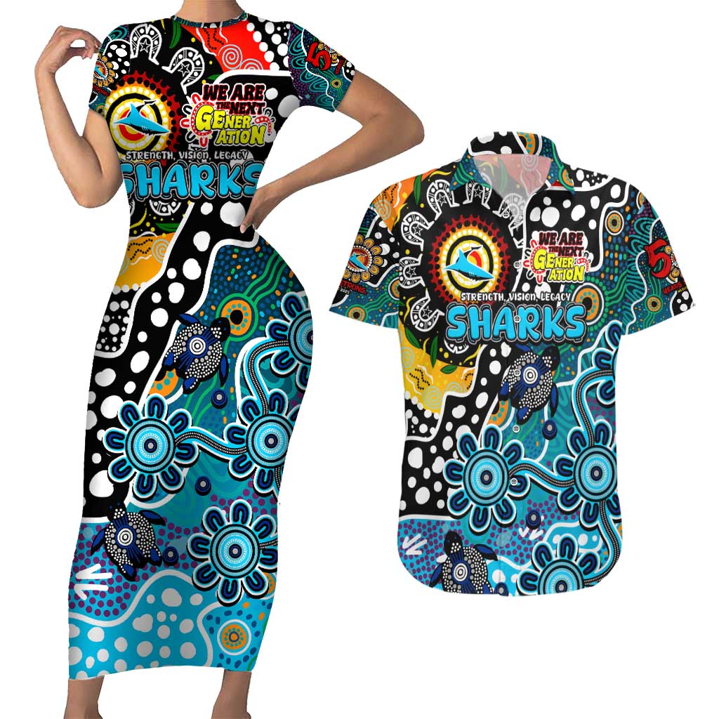 Personalised Sharks NRL Celebrating 50 Years of Naidoc Couples Matching Short Sleeve Bodycon Dress and Hawaiian Shirt NAIDOC Week 2025 Aboriginal