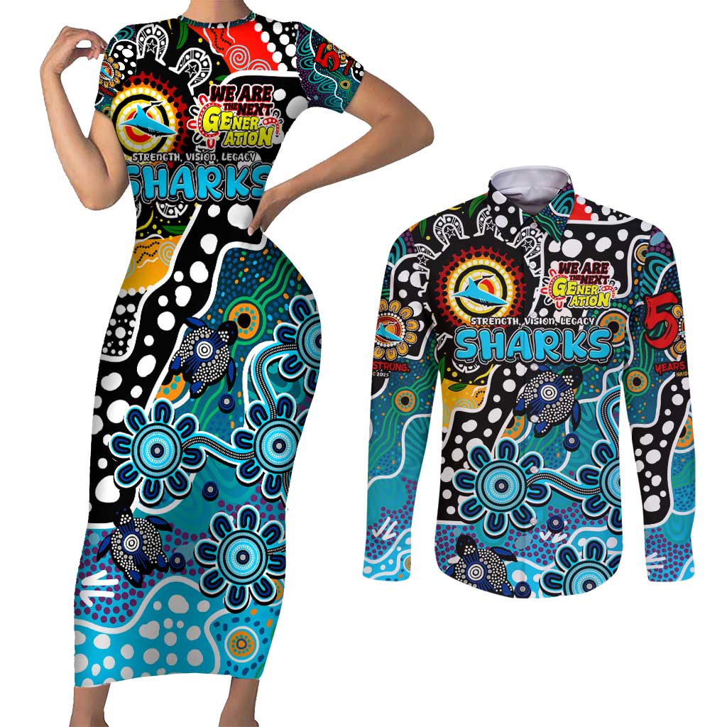 Personalised Sharks NRL Celebrating 50 Years of Naidoc Couples Matching Short Sleeve Bodycon Dress and Long Sleeve Button Shirt NAIDOC Week 2025 Aboriginal