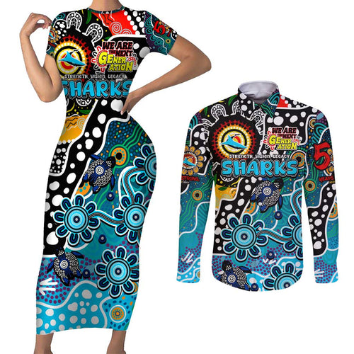 Personalised Sharks NRL Celebrating 50 Years of Naidoc Couples Matching Short Sleeve Bodycon Dress and Long Sleeve Button Shirt NAIDOC Week 2025 Aboriginal