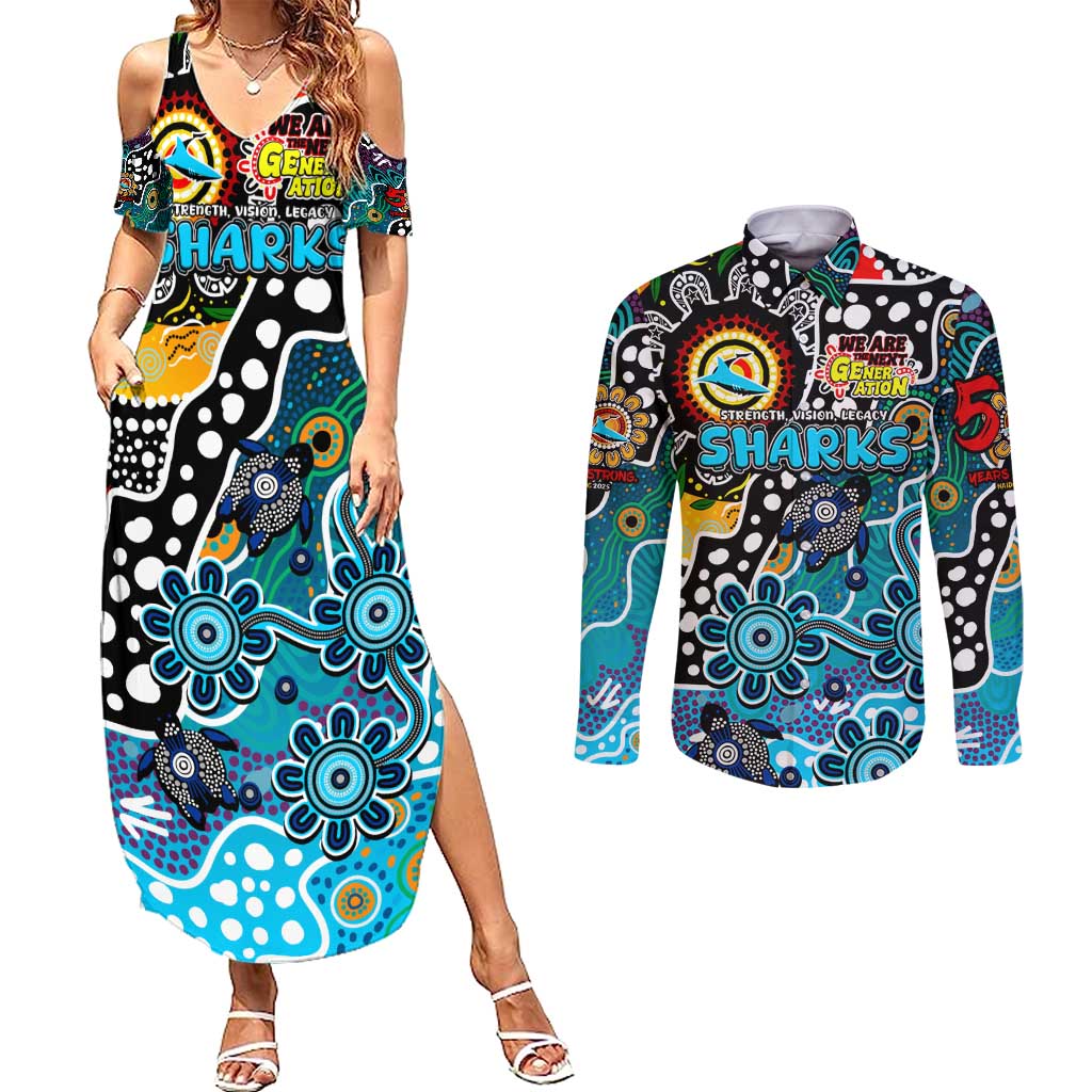 Personalised Sharks NRL Celebrating 50 Years of Naidoc Couples Matching Summer Maxi Dress and Long Sleeve Button Shirt NAIDOC Week 2025 Aboriginal