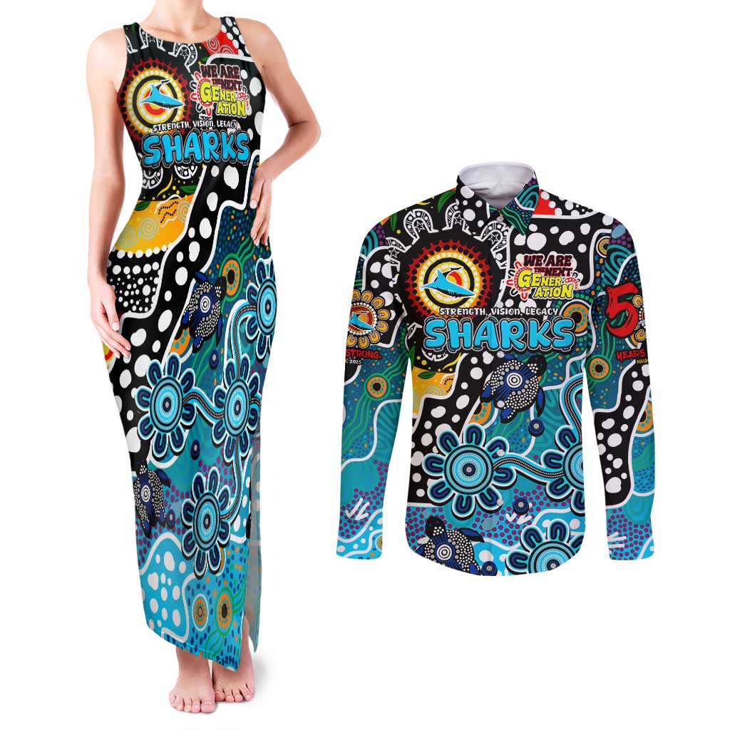 Personalised Sharks NRL Celebrating 50 Years of Naidoc Couples Matching Tank Maxi Dress and Long Sleeve Button Shirt NAIDOC Week 2025 Aboriginal