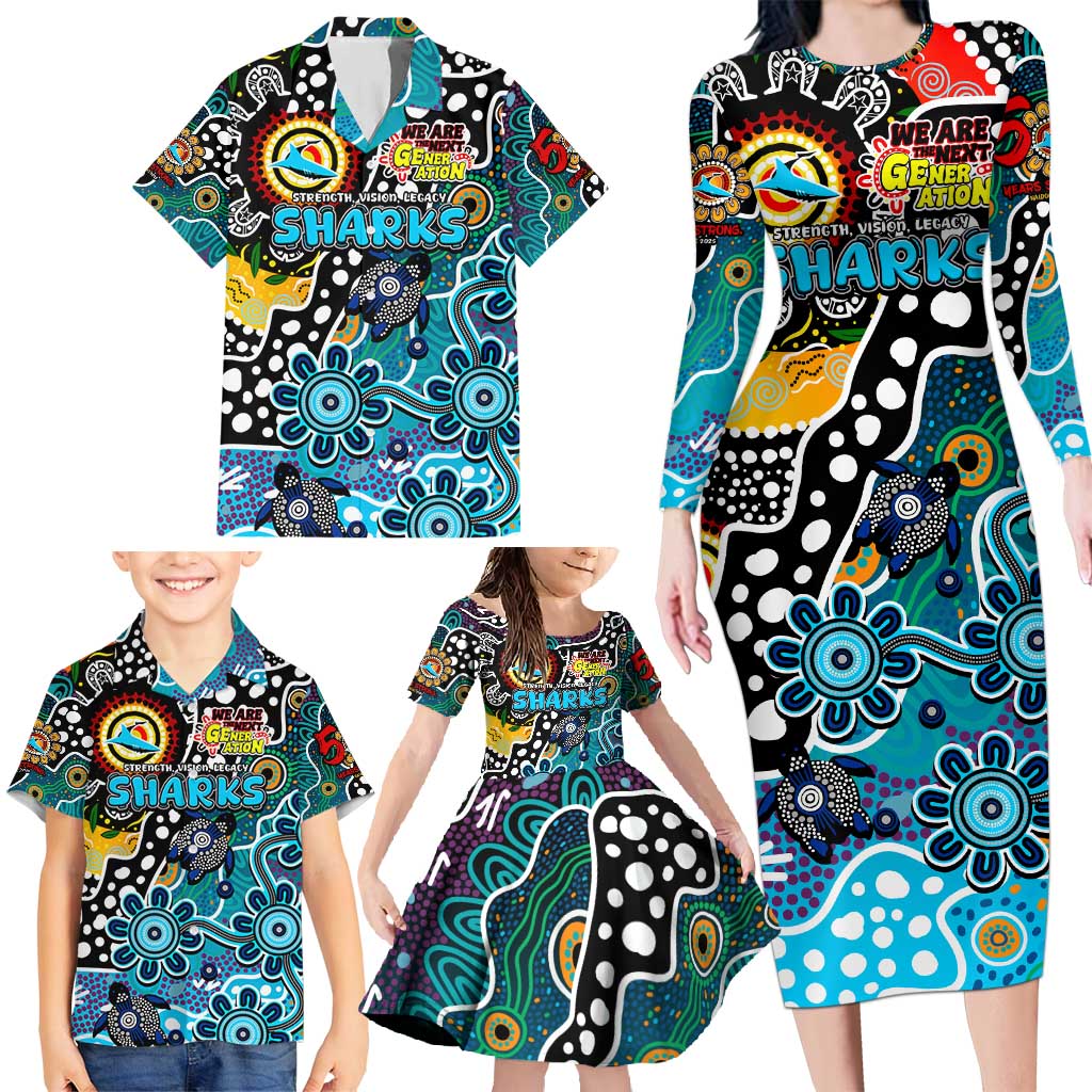 Personalised Sharks NRL Celebrating 50 Years of Naidoc Family Matching Long Sleeve Bodycon Dress and Hawaiian Shirt NAIDOC Week 2025 Aboriginal