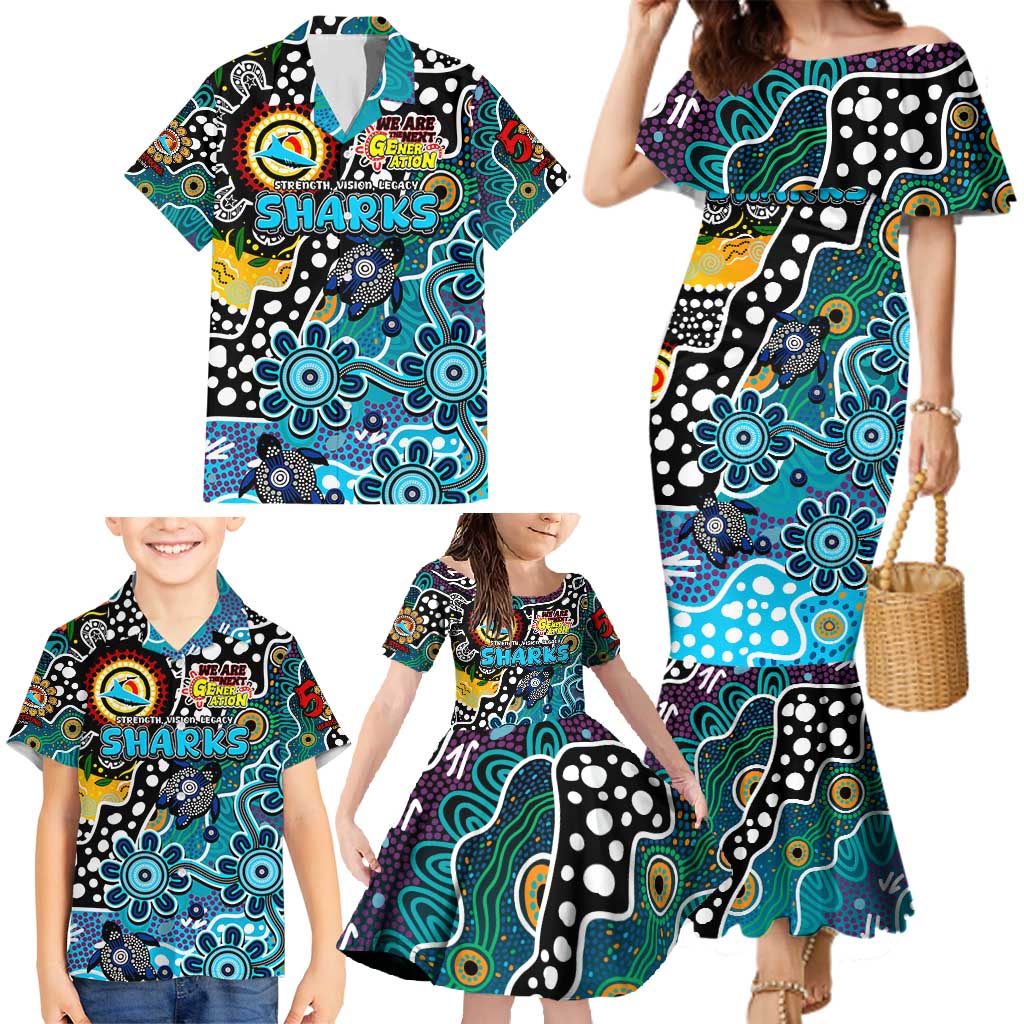 Personalised Sharks NRL Celebrating 50 Years of Naidoc Family Matching Mermaid Dress and Hawaiian Shirt NAIDOC Week 2025 Aboriginal