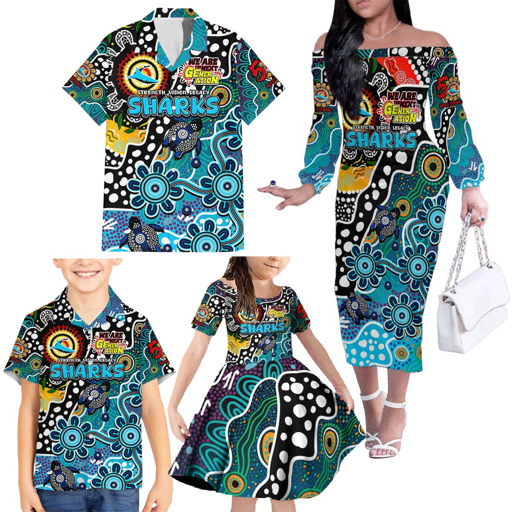 Personalised Sharks NRL Celebrating 50 Years of Naidoc Family Matching Off The Shoulder Long Sleeve Dress and Hawaiian Shirt NAIDOC Week 2025 Aboriginal