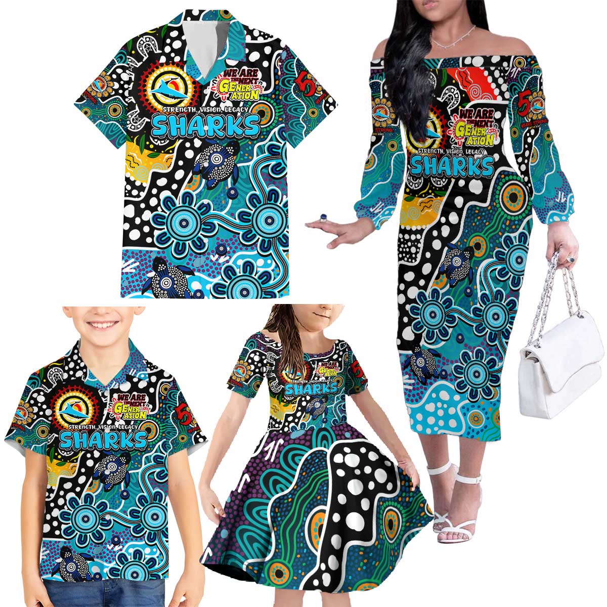 Personalised Sharks NRL Celebrating 50 Years of Naidoc Family Matching Off The Shoulder Long Sleeve Dress and Hawaiian Shirt NAIDOC Week 2025 Aboriginal