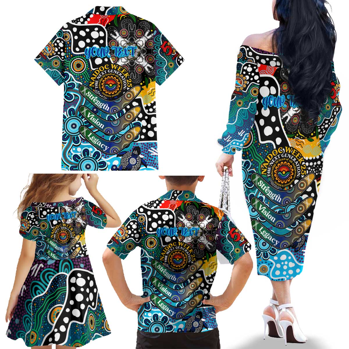 Personalised Sharks NRL Celebrating 50 Years of Naidoc Family Matching Off The Shoulder Long Sleeve Dress and Hawaiian Shirt NAIDOC Week 2025 Aboriginal