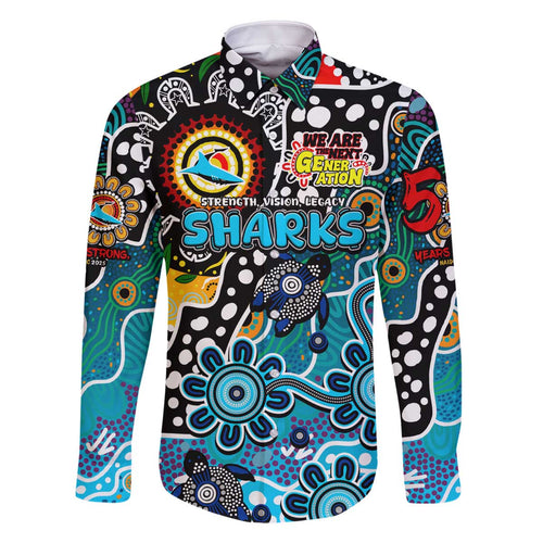Personalised Sharks NRL Celebrating 50 Years of Naidoc Family Matching Off The Shoulder Long Sleeve Dress and Hawaiian Shirt NAIDOC Week 2025 Aboriginal