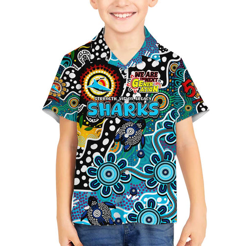 Personalised Sharks NRL Celebrating 50 Years of Naidoc Family Matching Off The Shoulder Long Sleeve Dress and Hawaiian Shirt NAIDOC Week 2025 Aboriginal