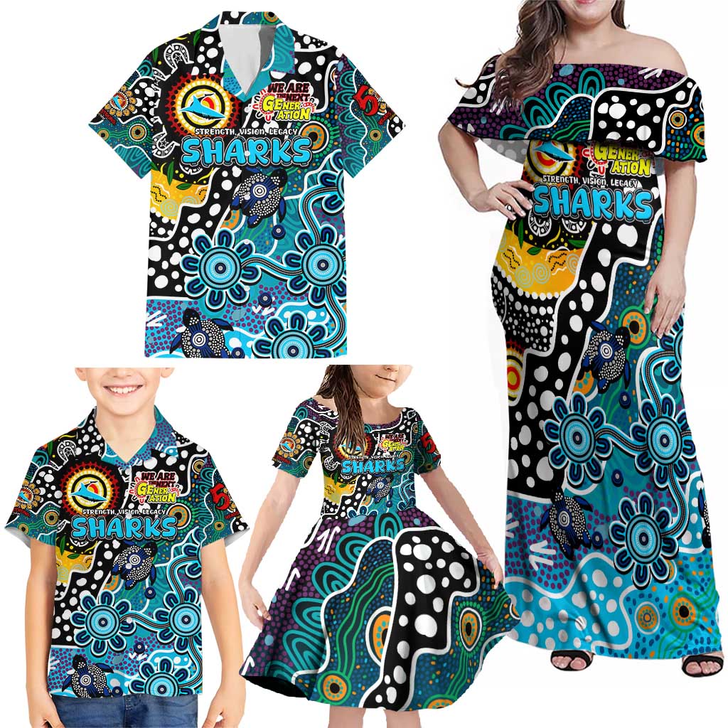 Personalised Sharks NRL Celebrating 50 Years of Naidoc Family Matching Off Shoulder Maxi Dress and Hawaiian Shirt NAIDOC Week 2025 Aboriginal
