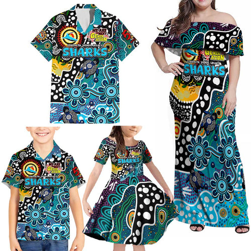 Personalised Sharks NRL Celebrating 50 Years of Naidoc Family Matching Off Shoulder Maxi Dress and Hawaiian Shirt NAIDOC Week 2025 Aboriginal