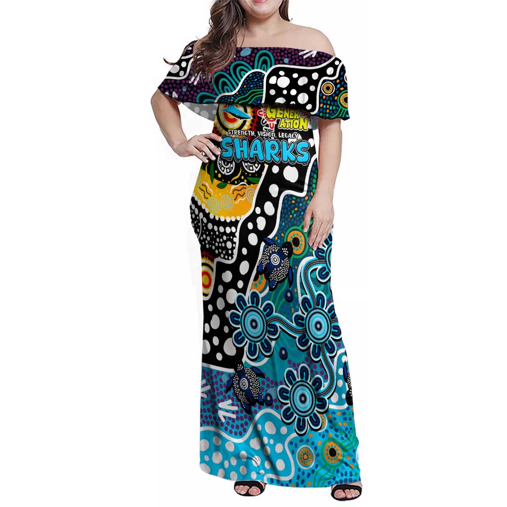Personalised Sharks NRL Celebrating 50 Years of Naidoc Family Matching Off Shoulder Maxi Dress and Hawaiian Shirt NAIDOC Week 2025 Aboriginal