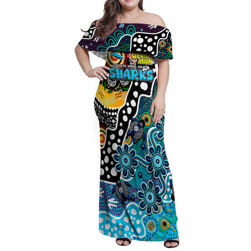 Personalised Sharks NRL Celebrating 50 Years of Naidoc Family Matching Off Shoulder Maxi Dress and Hawaiian Shirt NAIDOC Week 2025 Aboriginal