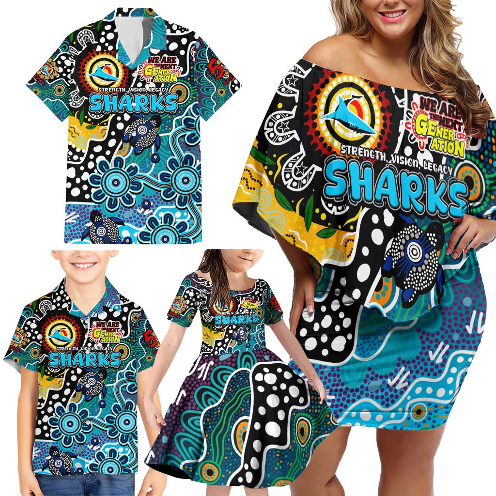 Personalised Sharks NRL Celebrating 50 Years of Naidoc Family Matching Off Shoulder Short Dress and Hawaiian Shirt NAIDOC Week 2025 Aboriginal