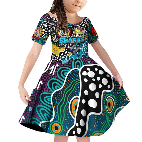 Personalised Sharks NRL Celebrating 50 Years of Naidoc Family Matching Off Shoulder Short Dress and Hawaiian Shirt NAIDOC Week 2025 Aboriginal
