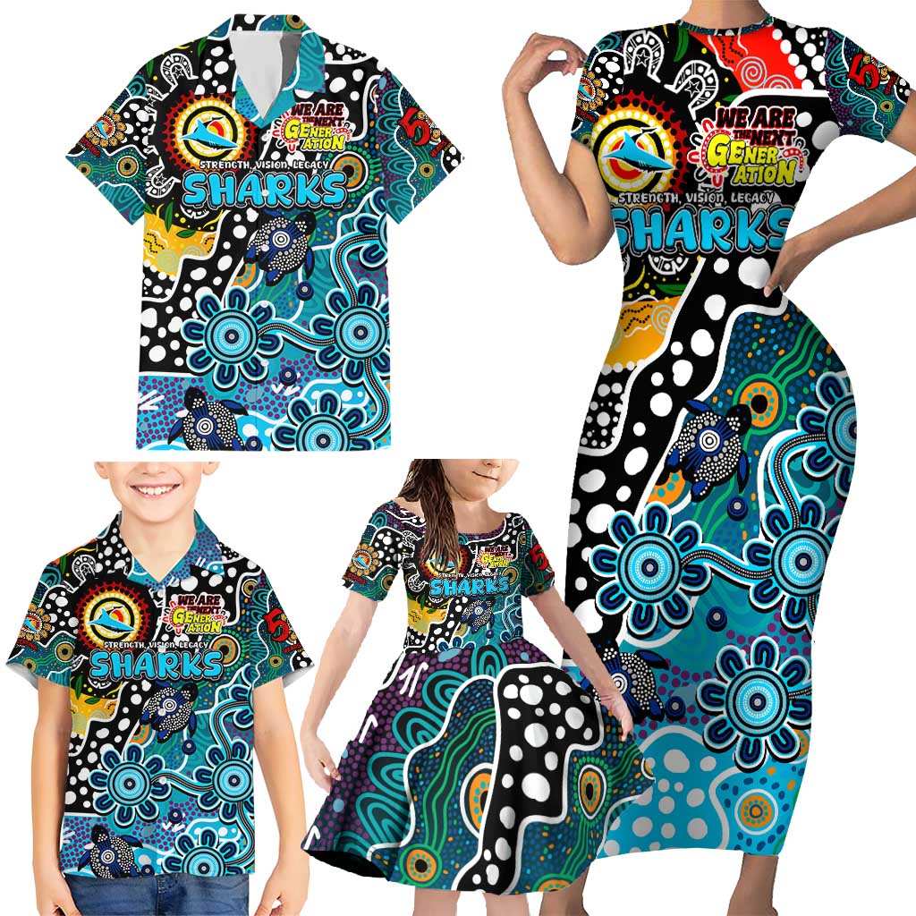 Personalised Sharks NRL Celebrating 50 Years of Naidoc Family Matching Short Sleeve Bodycon Dress and Hawaiian Shirt NAIDOC Week 2025 Aboriginal
