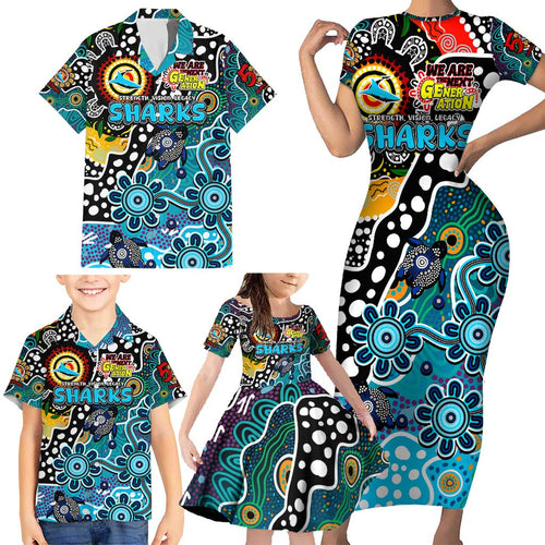 Personalised Sharks NRL Celebrating 50 Years of Naidoc Family Matching Short Sleeve Bodycon Dress and Hawaiian Shirt NAIDOC Week 2025 Aboriginal