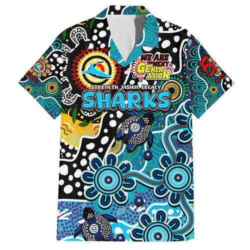 Personalised Sharks NRL Celebrating 50 Years of Naidoc Family Matching Short Sleeve Bodycon Dress and Hawaiian Shirt NAIDOC Week 2025 Aboriginal