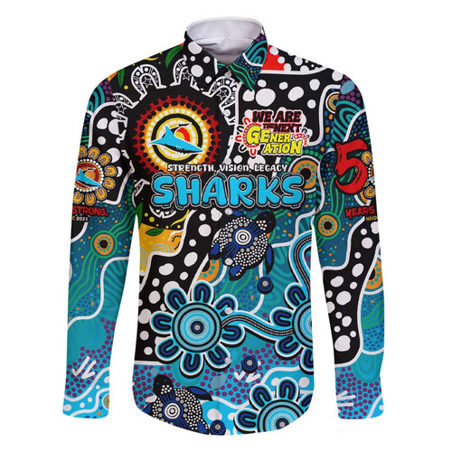 Personalised Sharks NRL Celebrating 50 Years of Naidoc Family Matching Short Sleeve Bodycon Dress and Hawaiian Shirt NAIDOC Week 2025 Aboriginal