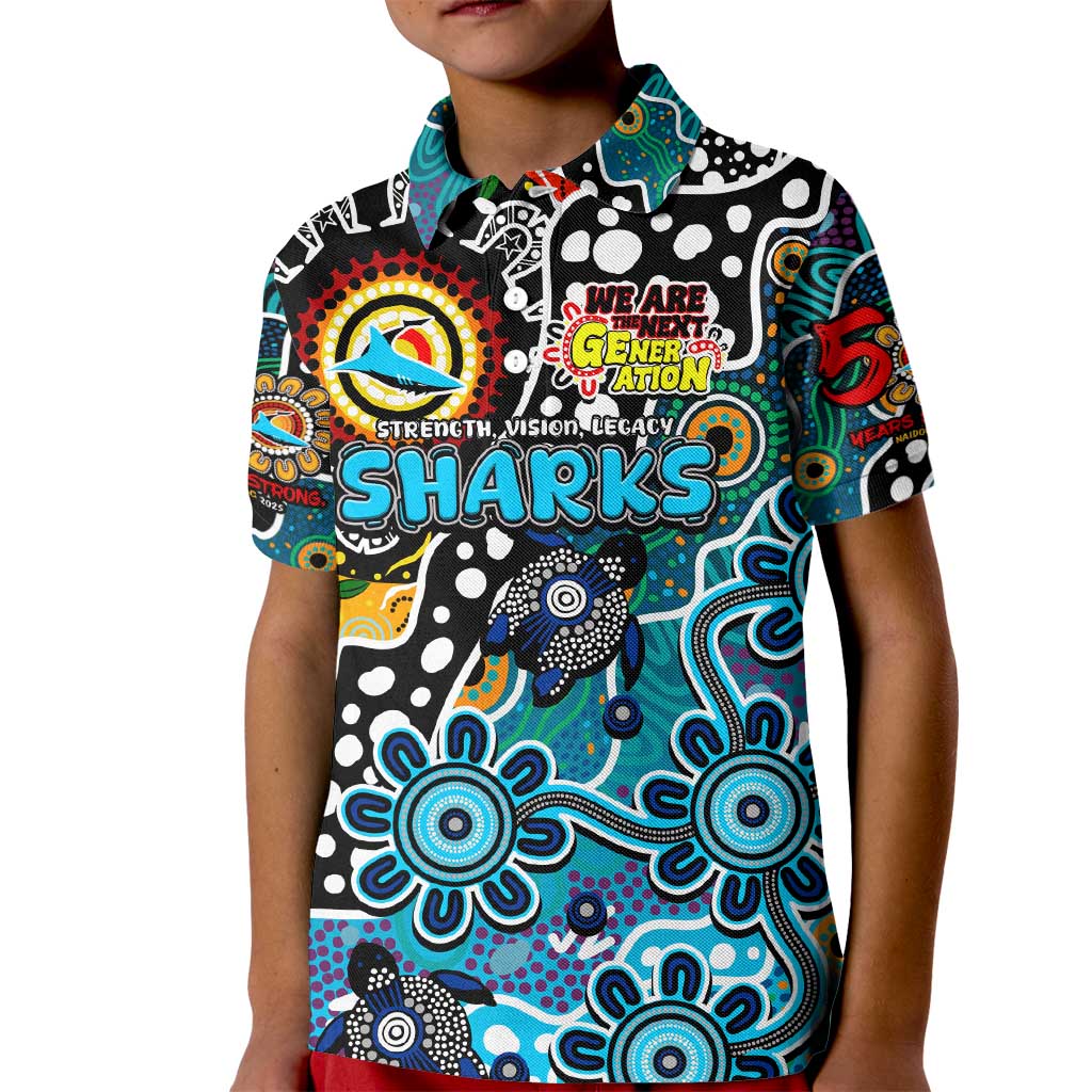 Personalised Sharks NRL Celebrating 50 Years of Naidoc Kid Polo Shirt NAIDOC Week 2025 Aboriginal