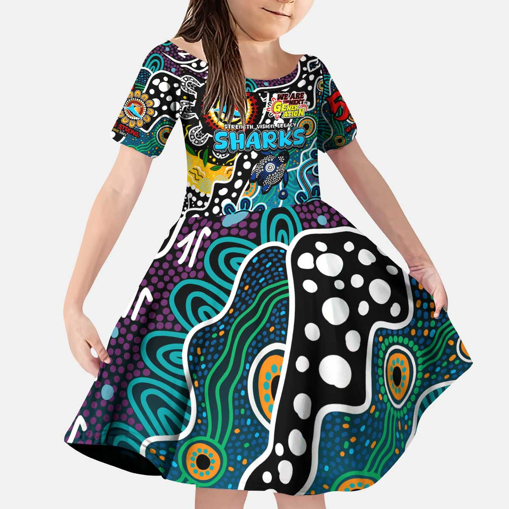 Personalised Sharks NRL Celebrating 50 Years of Naidoc Kid Short Sleeve Dress NAIDOC Week 2025 Aboriginal