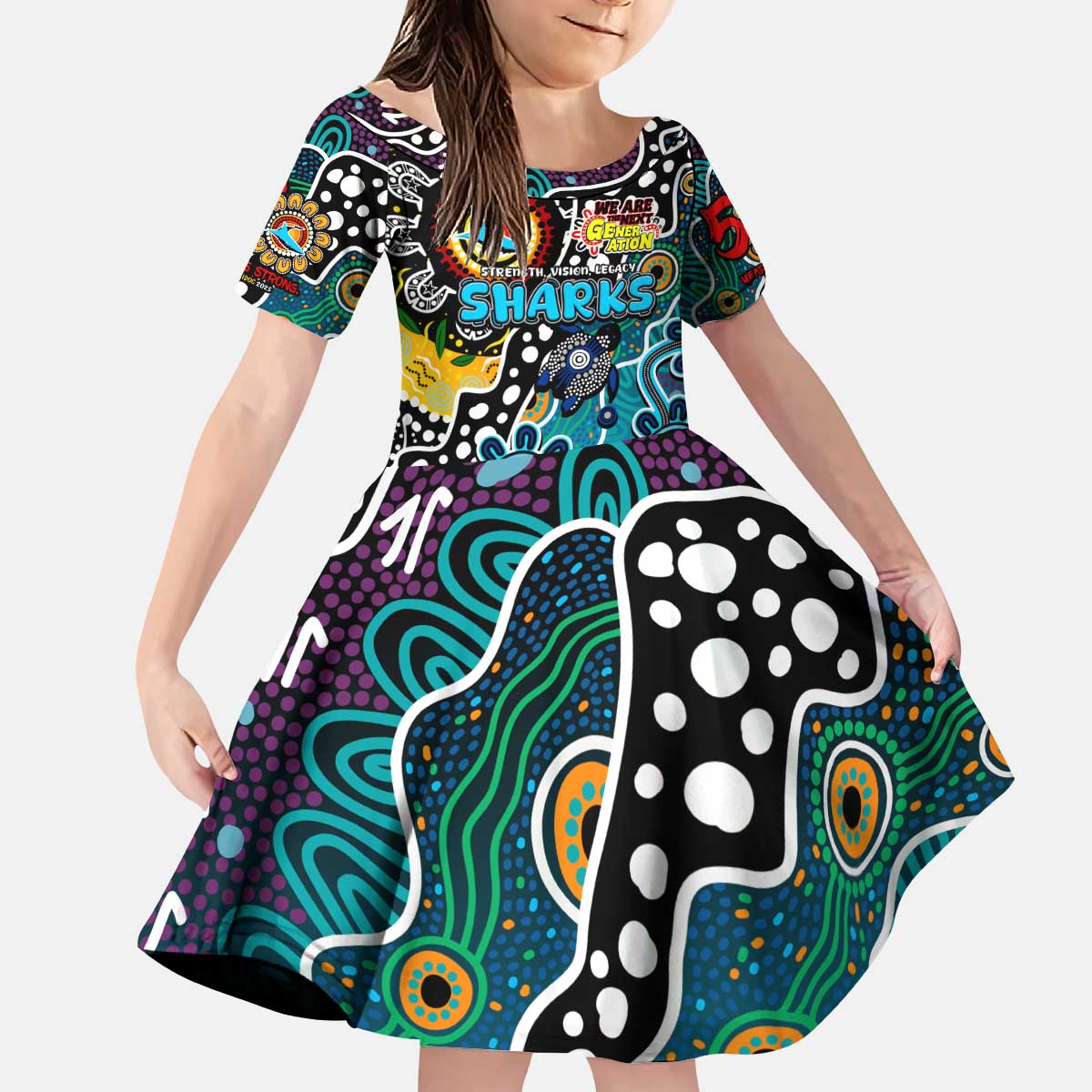 Personalised Sharks NRL Celebrating 50 Years of Naidoc Kid Short Sleeve Dress NAIDOC Week 2025 Aboriginal