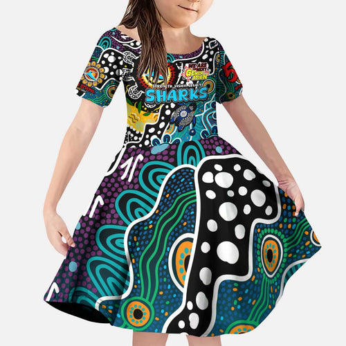 Personalised Sharks NRL Celebrating 50 Years of Naidoc Kid Short Sleeve Dress NAIDOC Week 2025 Aboriginal