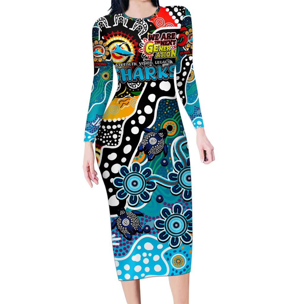 Personalised Sharks NRL Celebrating 50 Years of Naidoc Long Sleeve Bodycon Dress NAIDOC Week 2025 Aboriginal