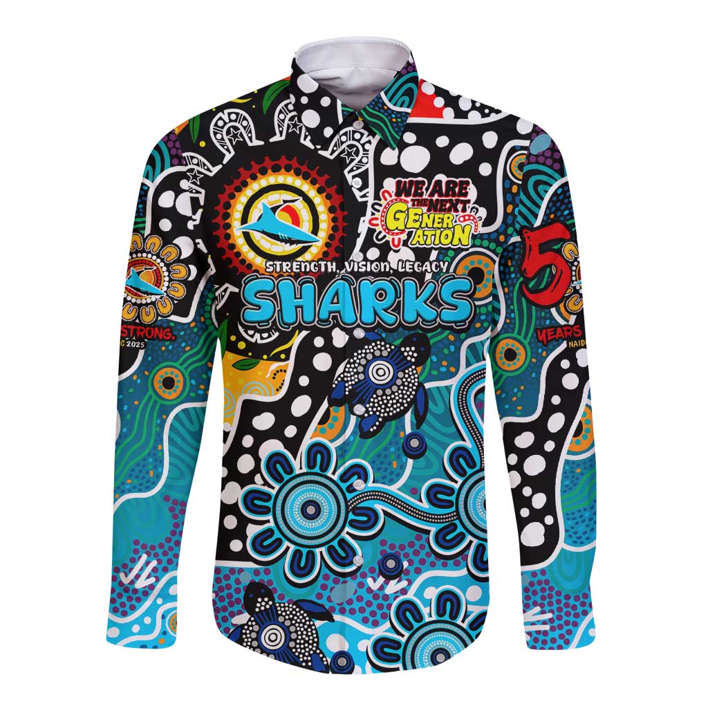 Personalised Sharks NRL Celebrating 50 Years of Naidoc Long Sleeve Button Shirt NAIDOC Week 2025 Aboriginal