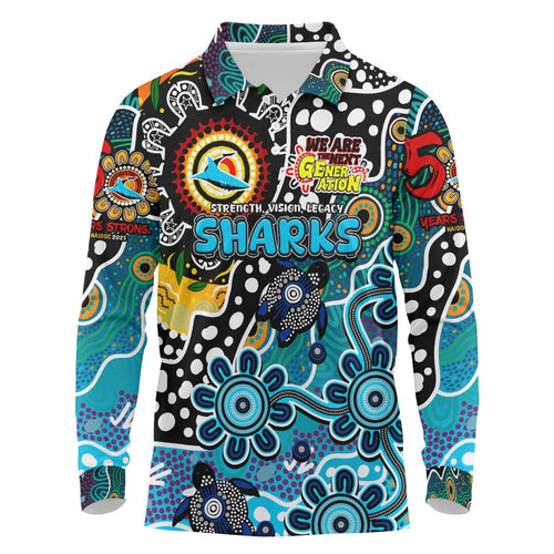 Personalised Sharks NRL Celebrating 50 Years of Naidoc Long Sleeve Polo Shirt NAIDOC Week 2025 Aboriginal