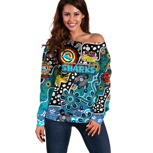 Personalised Sharks NRL Celebrating 50 Years of Naidoc Off Shoulder Sweater NAIDOC Week 2025 Aboriginal