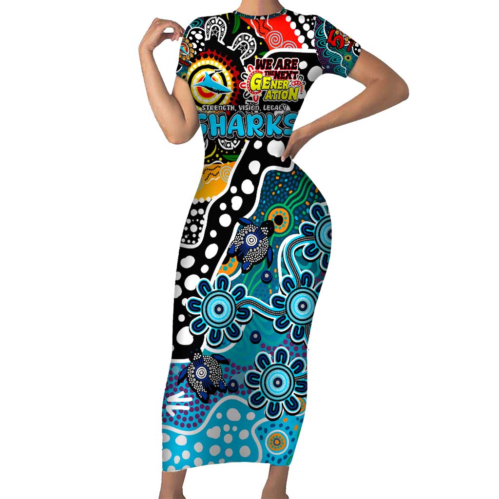Personalised Sharks NRL Celebrating 50 Years of Naidoc Short Sleeve Bodycon Dress NAIDOC Week 2025 Aboriginal