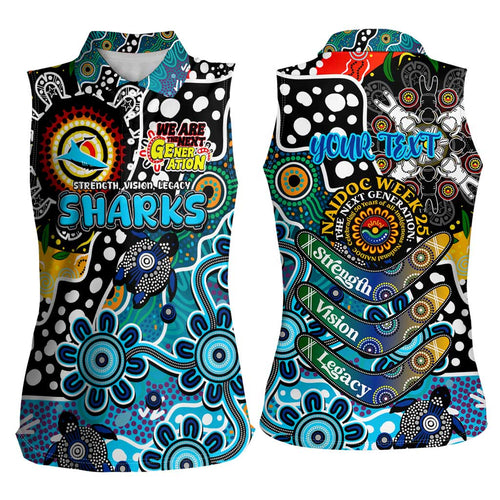 Personalised Sharks NRL Celebrating 50 Years of Naidoc Women Sleeveless Polo Shirt NAIDOC Week 2025 Aboriginal