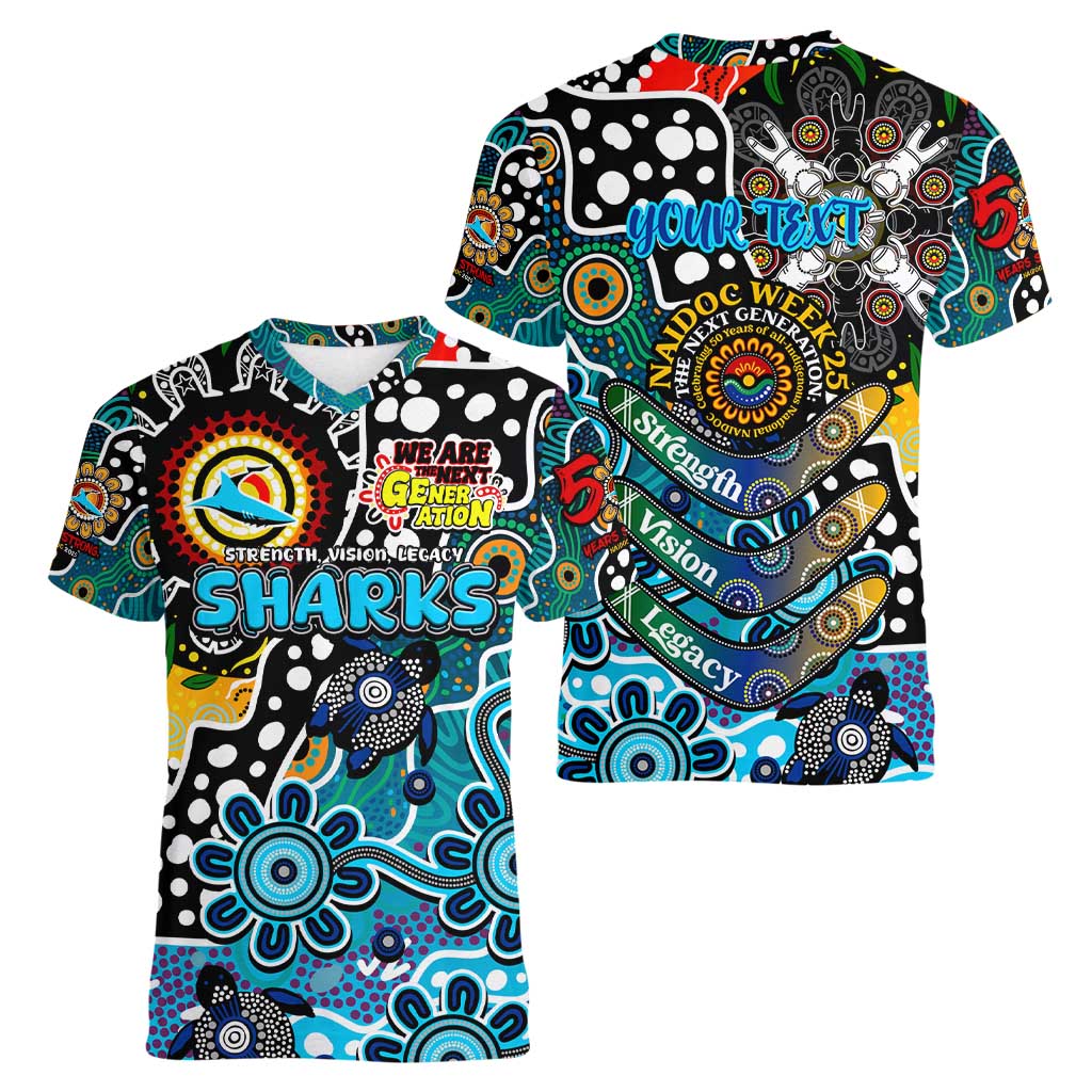Personalised Sharks NRL Celebrating 50 Years of Naidoc Women V-Neck T-Shirt NAIDOC Week 2025 Aboriginal