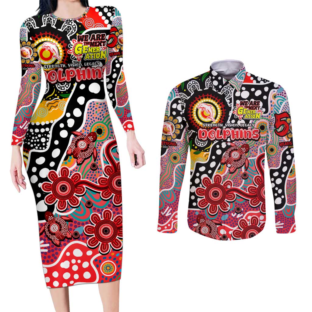 Personalised Dolphins NRL Celebrating 50 Years of Naidoc Couples Matching Long Sleeve Bodycon Dress and Long Sleeve Button Shirt NAIDOC Week 2025 Aboriginal