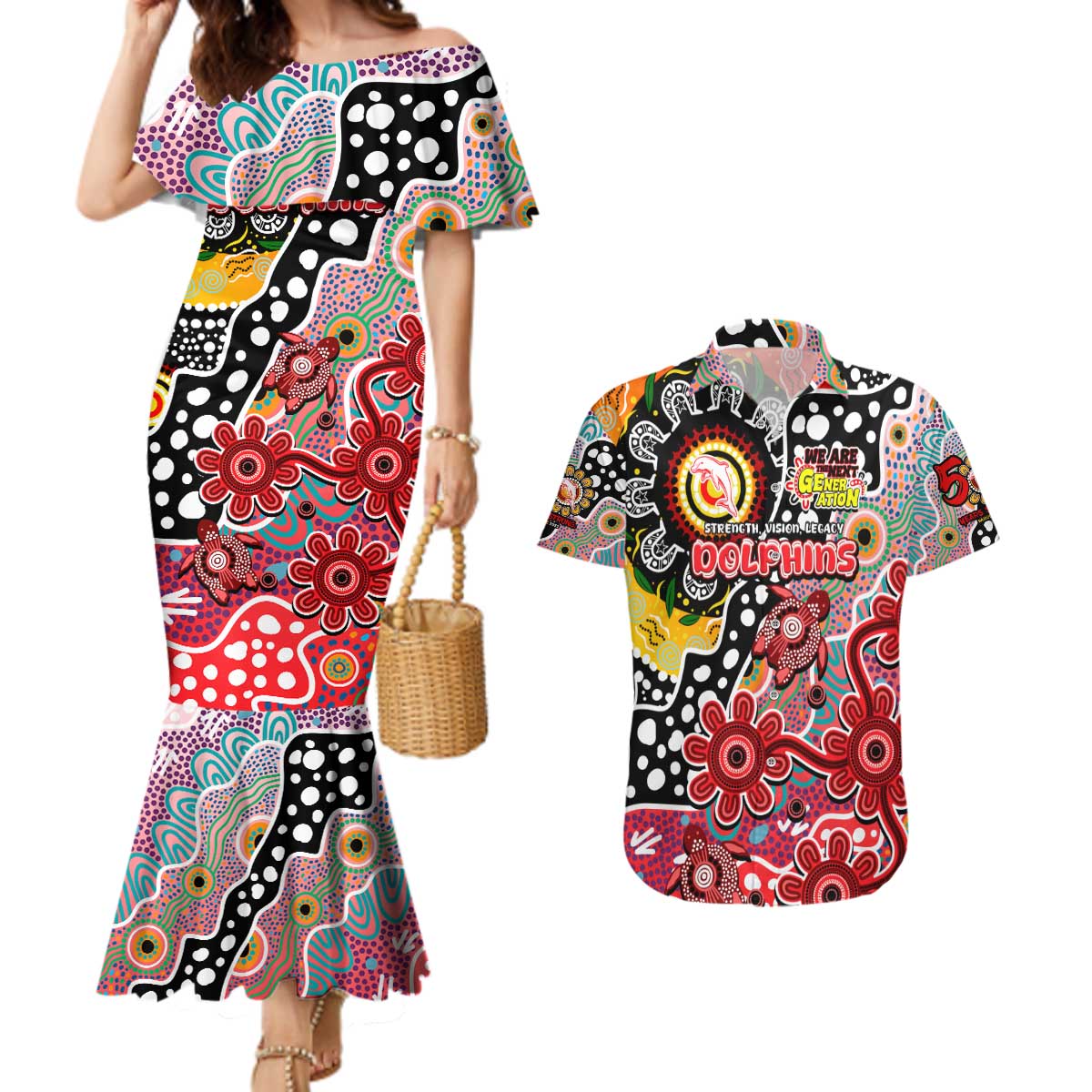 Personalised Dolphins NRL Celebrating 50 Years of Naidoc Couples Matching Mermaid Dress and Hawaiian Shirt NAIDOC Week 2025 Aboriginal