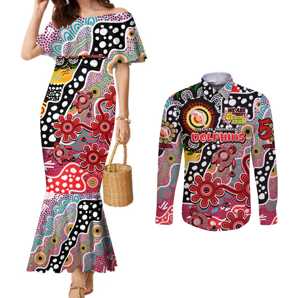 Personalised Dolphins NRL Celebrating 50 Years of Naidoc Couples Matching Mermaid Dress and Long Sleeve Button Shirt NAIDOC Week 2025 Aboriginal