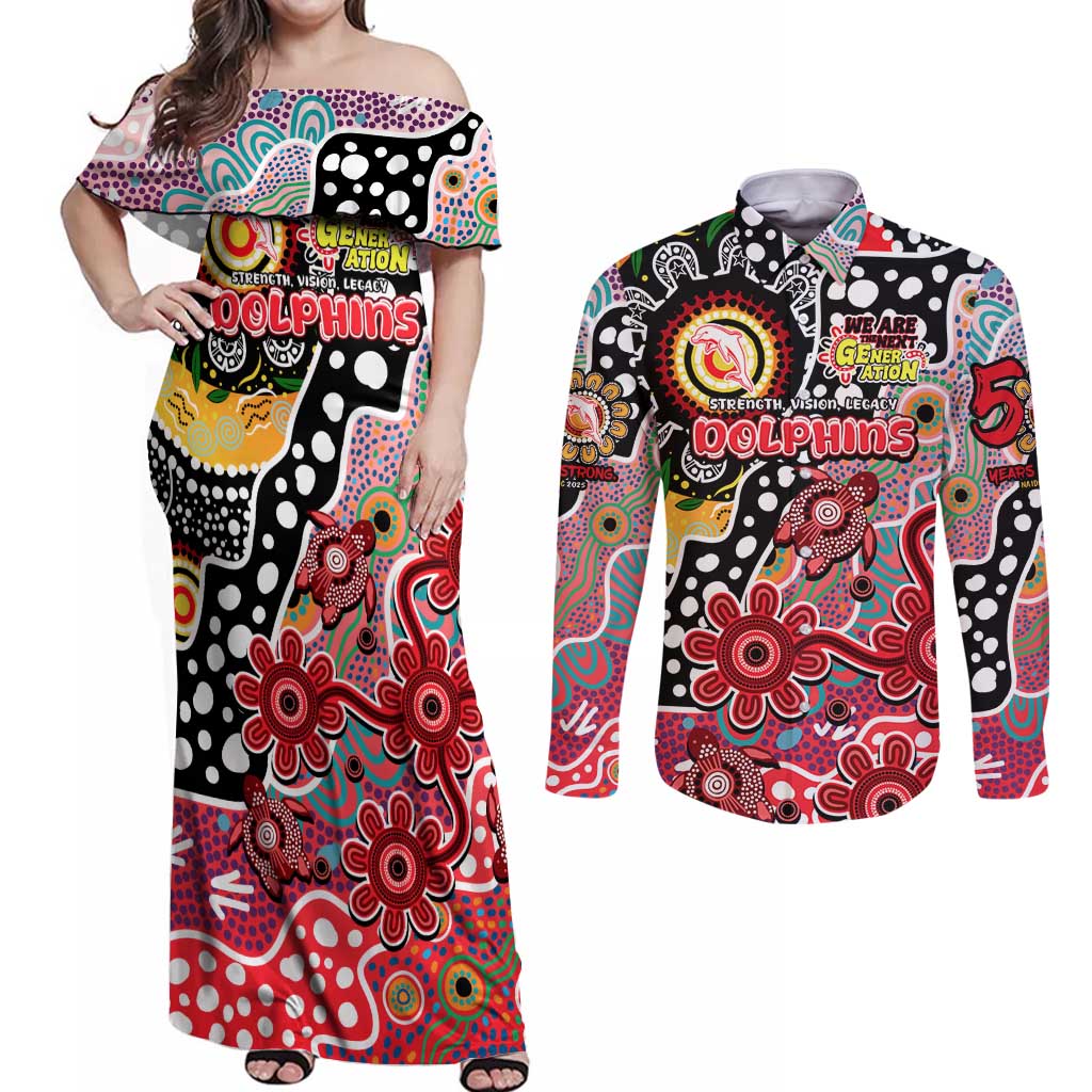 Personalised Dolphins NRL Celebrating 50 Years of Naidoc Couples Matching Off Shoulder Maxi Dress and Long Sleeve Button Shirt NAIDOC Week 2025 Aboriginal
