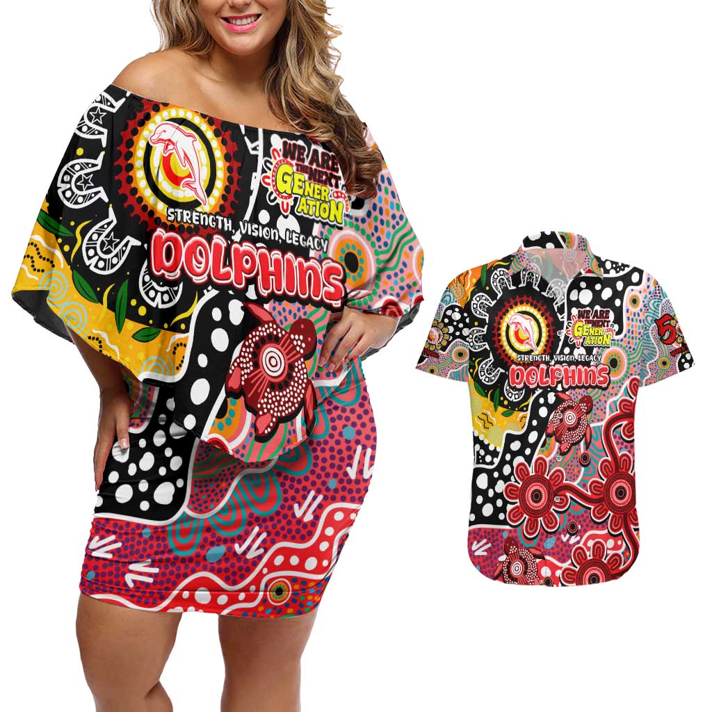Personalised Dolphins NRL Celebrating 50 Years of Naidoc Couples Matching Off Shoulder Short Dress and Hawaiian Shirt NAIDOC Week 2025 Aboriginal