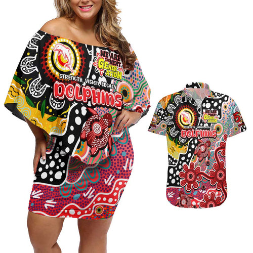 Personalised Dolphins NRL Celebrating 50 Years of Naidoc Couples Matching Off Shoulder Short Dress and Hawaiian Shirt NAIDOC Week 2025 Aboriginal