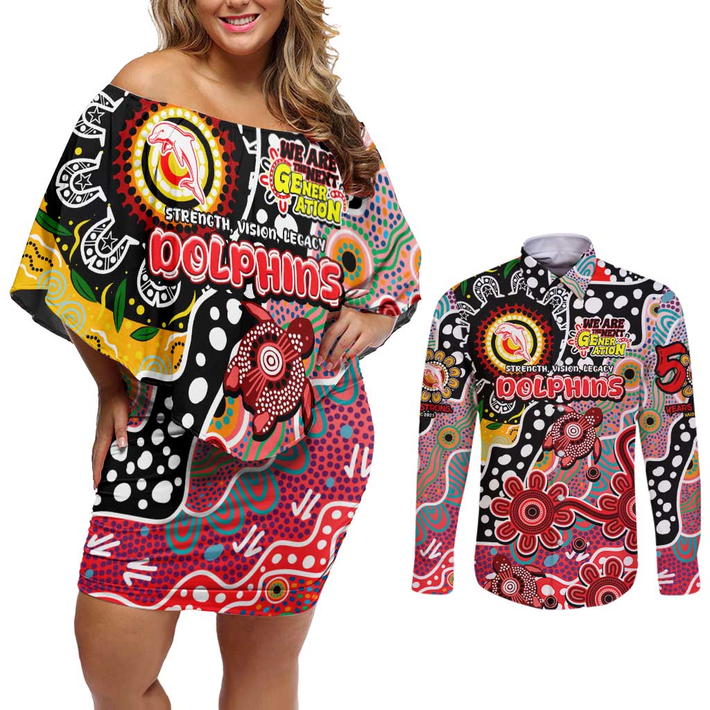 Personalised Dolphins NRL Celebrating 50 Years of Naidoc Couples Matching Off Shoulder Short Dress and Long Sleeve Button Shirt NAIDOC Week 2025 Aboriginal