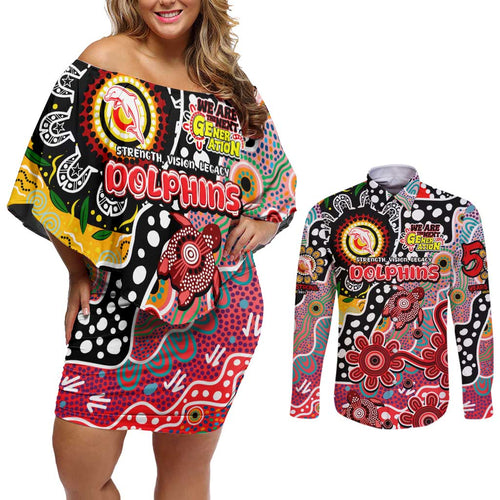 Personalised Dolphins NRL Celebrating 50 Years of Naidoc Couples Matching Off Shoulder Short Dress and Long Sleeve Button Shirt NAIDOC Week 2025 Aboriginal