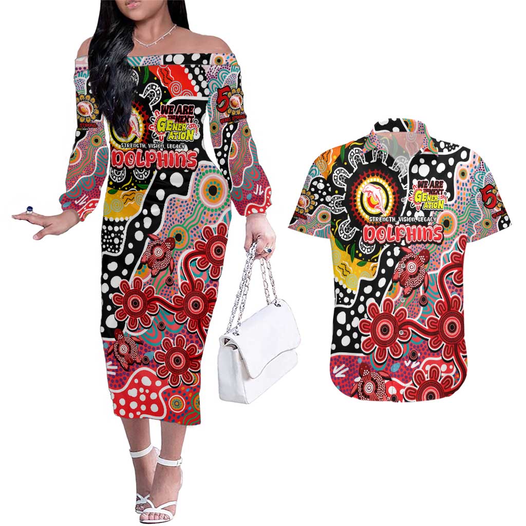 Personalised Dolphins NRL Celebrating 50 Years of Naidoc Couples Matching Off The Shoulder Long Sleeve Dress and Hawaiian Shirt NAIDOC Week 2025 Aboriginal